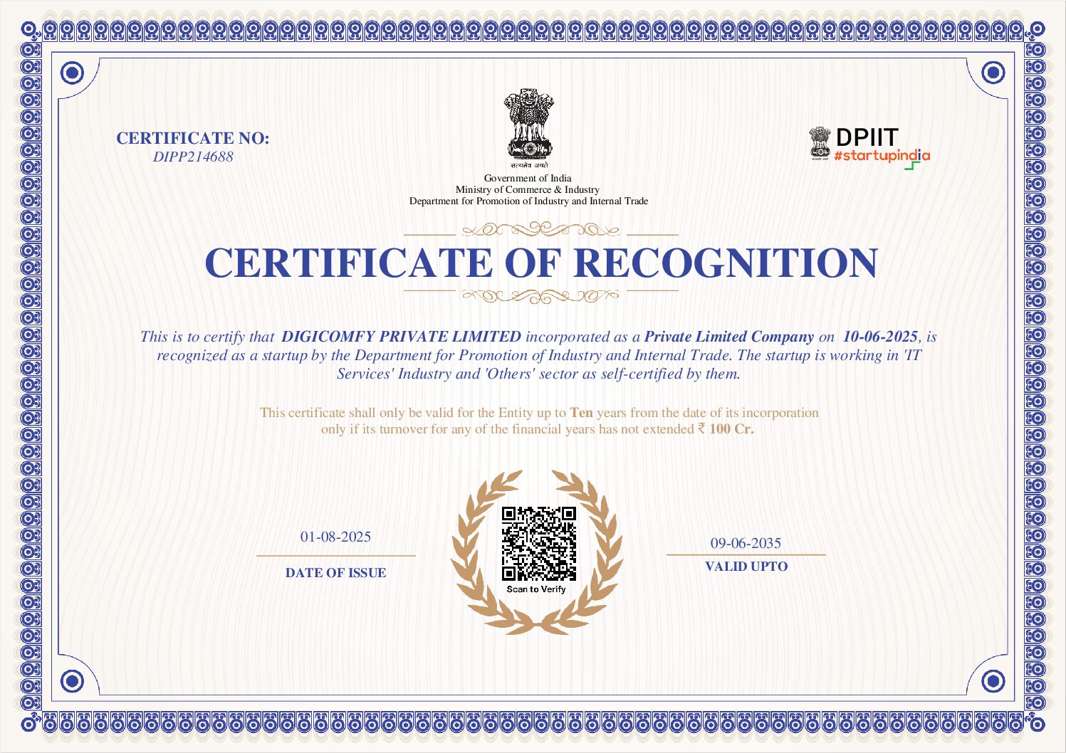 Startup India Certificate Preview